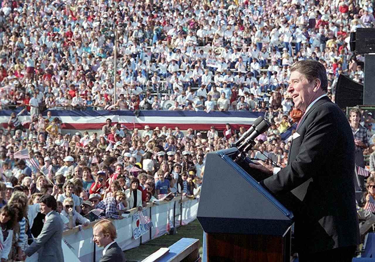 President Reagan's Remarks at a Reagan-Bush Rally at Pierce Junior College in Woodland Hills, California during 1984 Re-election Campaign.