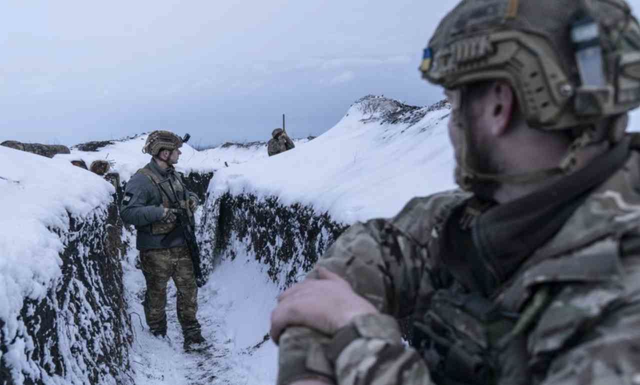 Ukrainian army patrol in Eastern Ukraine on March 7, 2021.