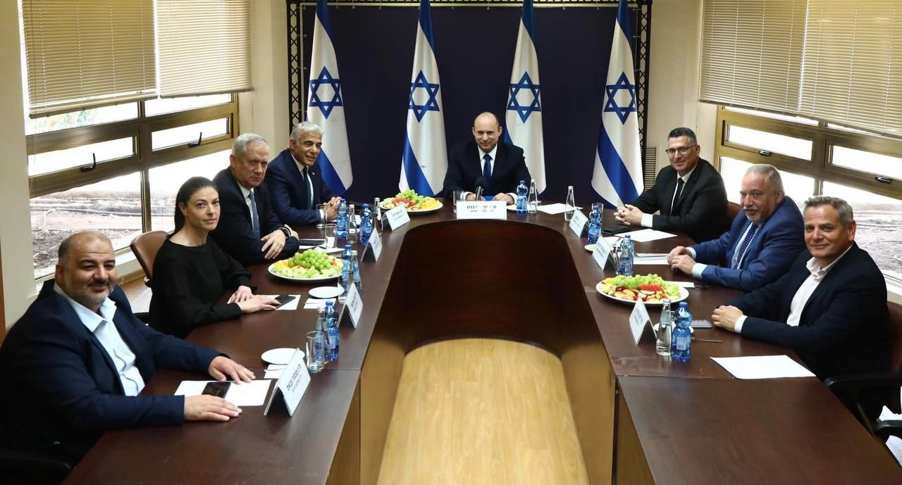 Israeli PM Naftali Bennett with leaders of the government coalition parties in Knesset on June 13, 2021.