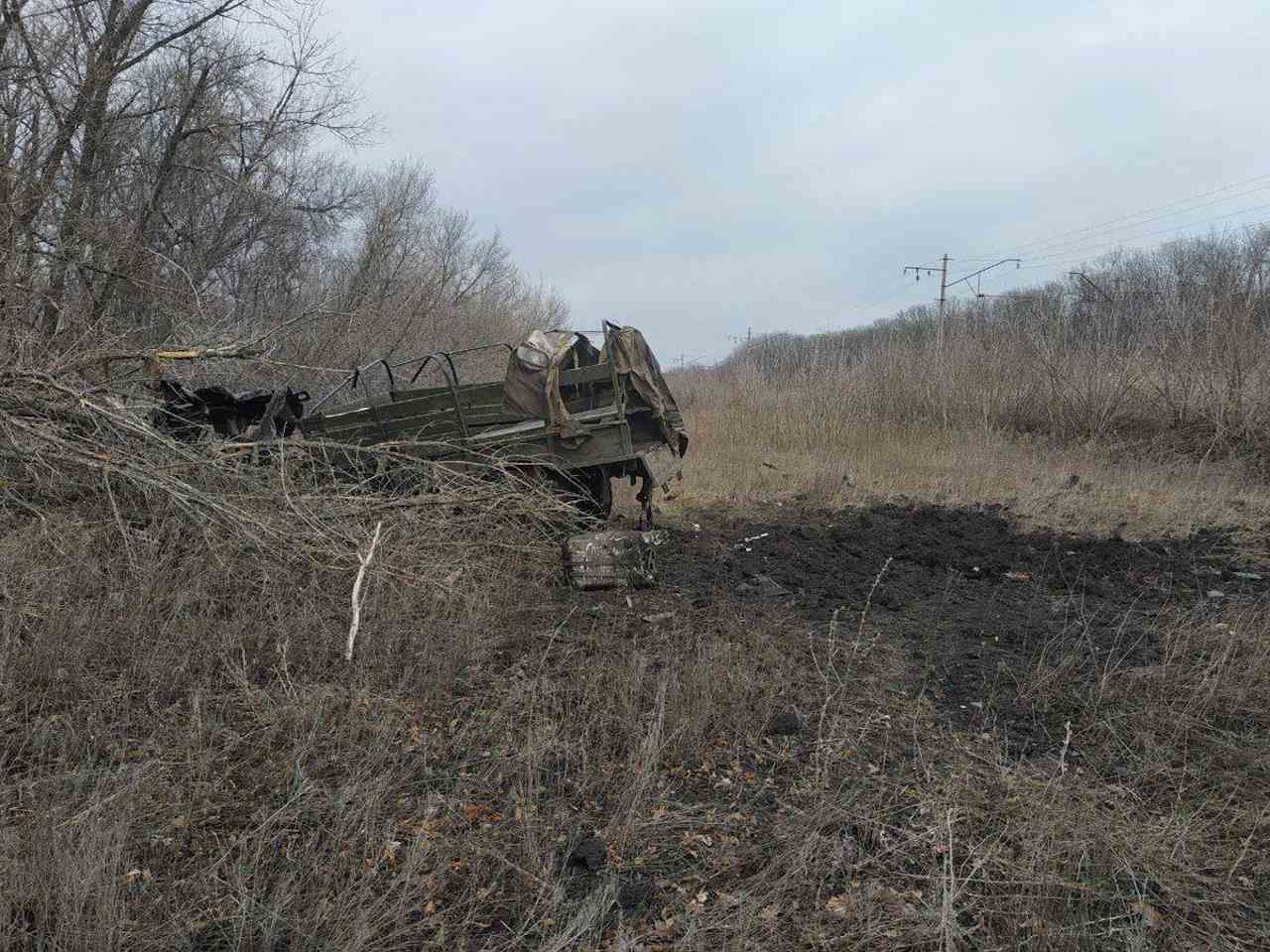 Ukrainian army truck destroyed by the landmine in Eastern Ukraine.