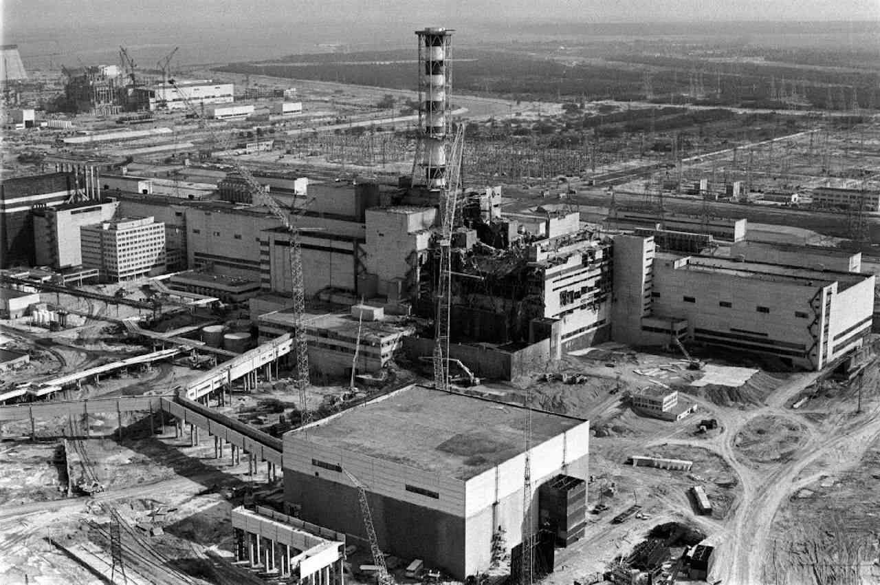 The fourth power block at the Chernobyl nuclear power plant destroyed by the explosion.