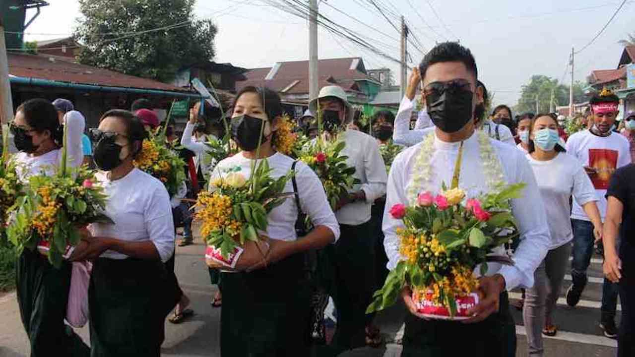 Myanmar protesters demonstrate peacefully in Mandalay on Wednesday.