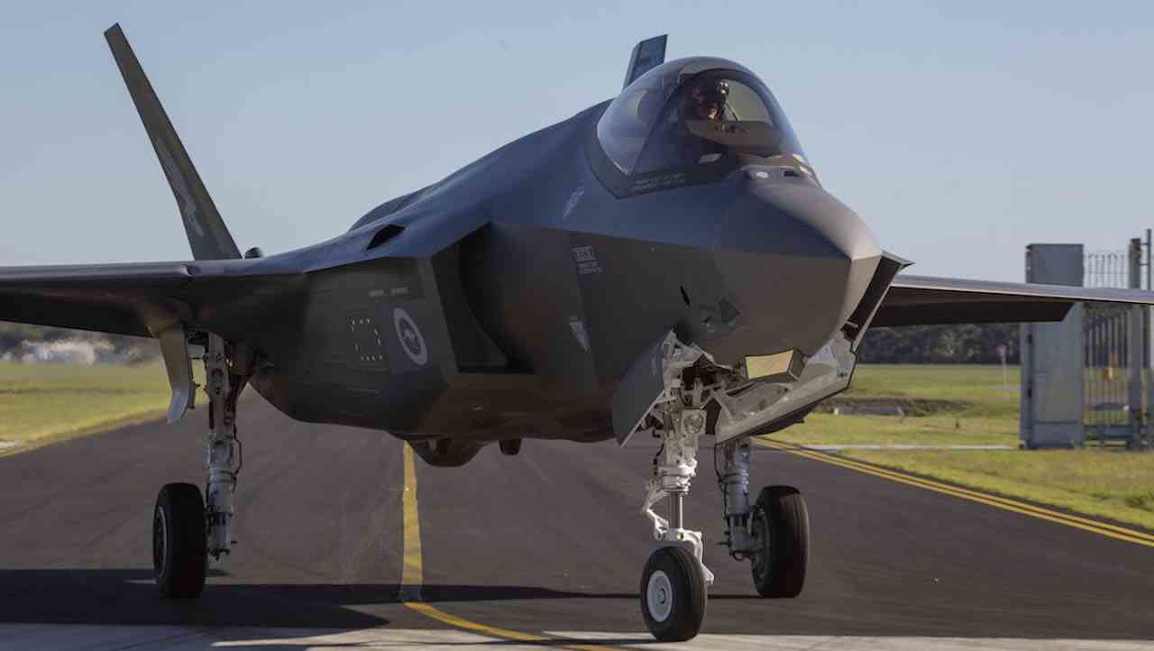 Joint Strike Fighter F-35  taxis into the hangars at RAAF Base Williamtown in April, 2019.