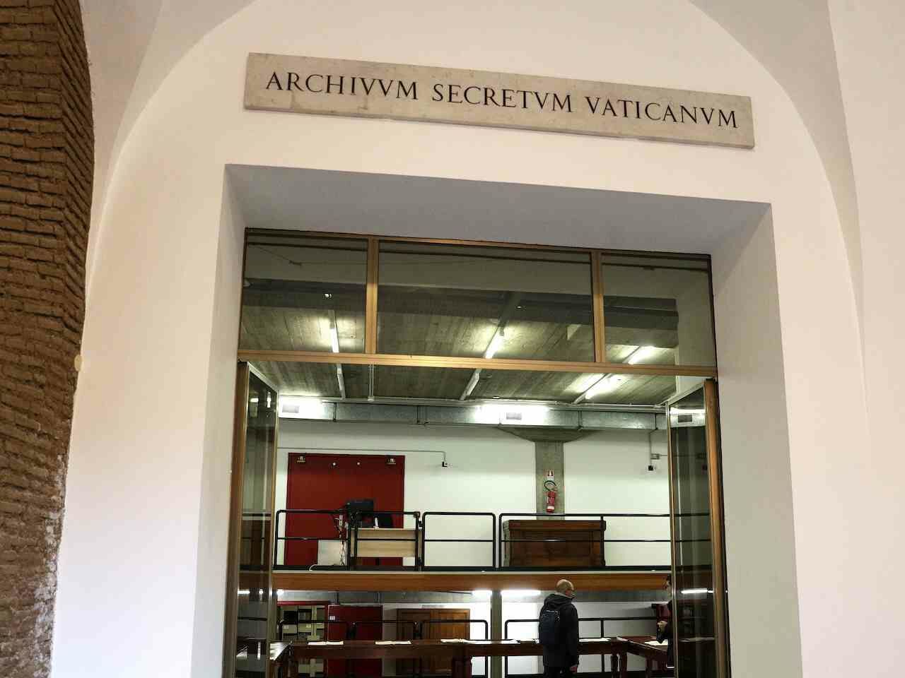 A marble plaque over the main entrance of the Vatican Archives reads in Latin "Secret Vatican Archive."