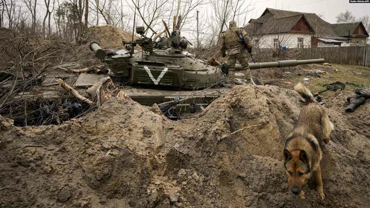 Damaged Russian tank in Kyiv region as seen on April 11, 2022.