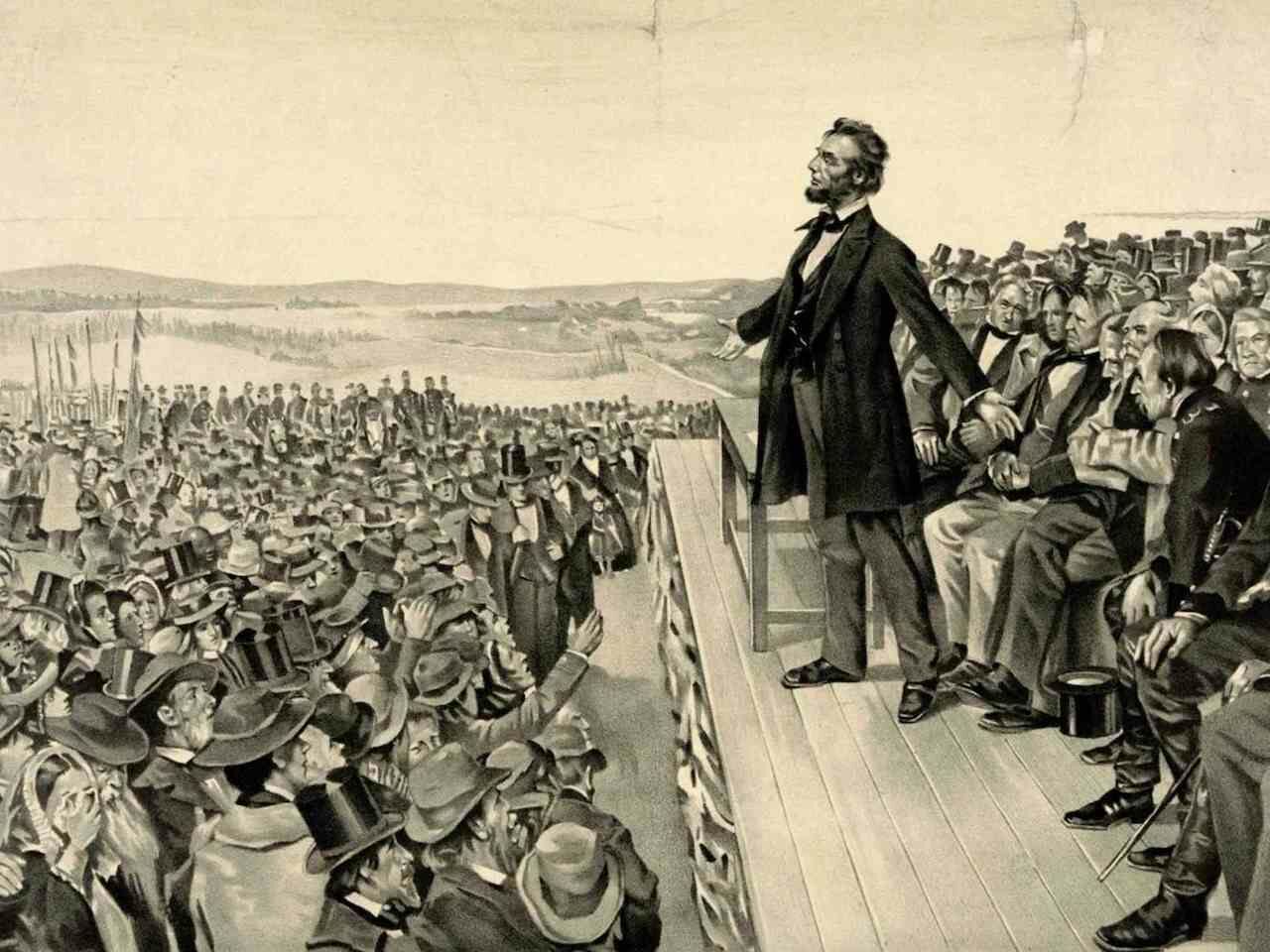 Abraham Lincoln delivering his address at the Gettysburg National Cemetery, November 19, 1863.