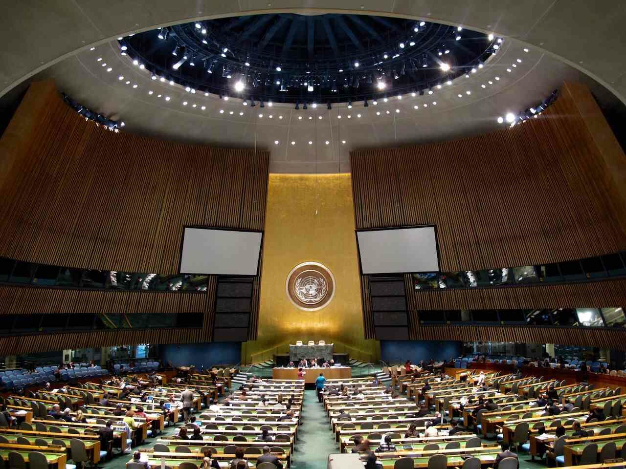United Nations General Assembly hall at the UN headquarters.