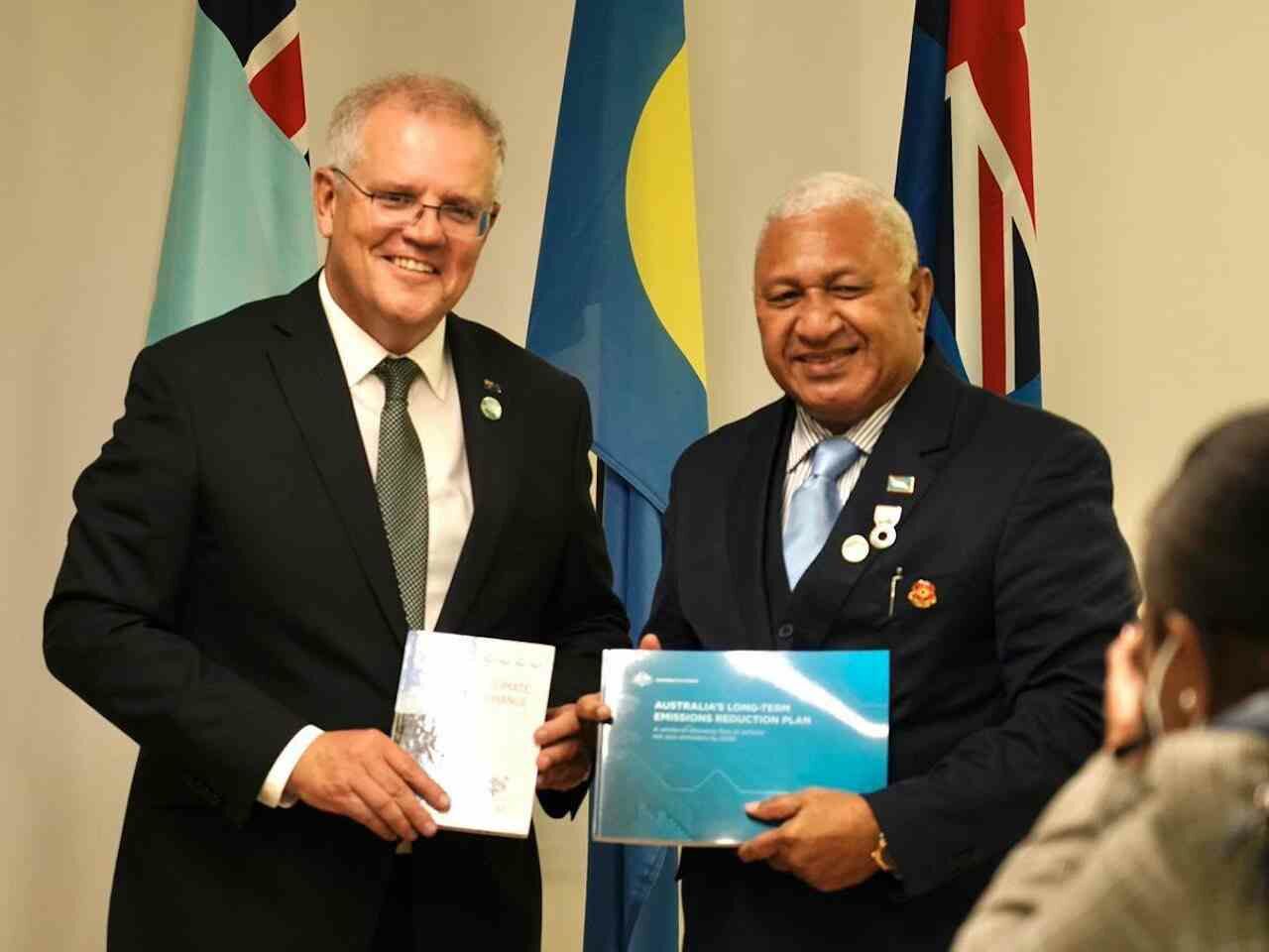 Australia PM Scott Morrison and Fiji PM Frank Bainimarama on Nov 2, 2021.