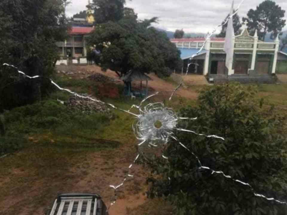 A damaged by the military junta's artillery Sacred Heart of Jesus Catholic Church in Mindat.