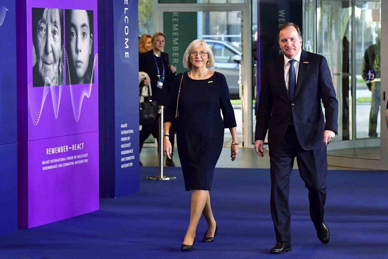 Swedish Prime Minister Stefan Lofven and his wife Ulla arrive at the Malmoe International Forum on Holocaust Remembrance on October 13, 2021.